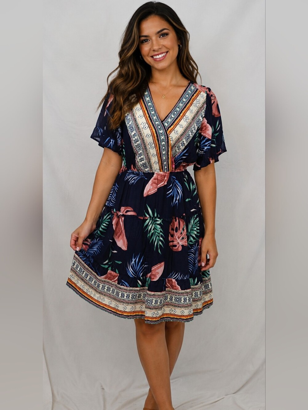 Navy Floral V-Neck Tiered Midi Dress with Coral Leaves